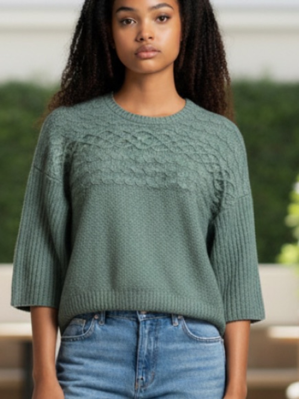 The Limited Sage Green Cable Knit Wool Blend Crewneck Sweater